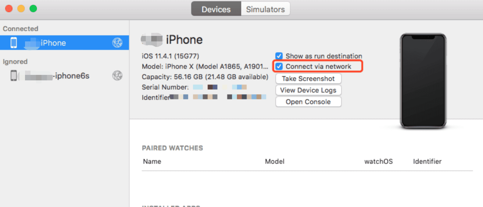 Xcode 设备窗口模拟器通过网络连接