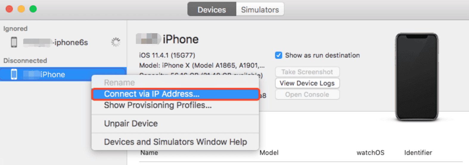 Xcode 设备和模拟器窗口通过 IP 地址连接已经断开的设备